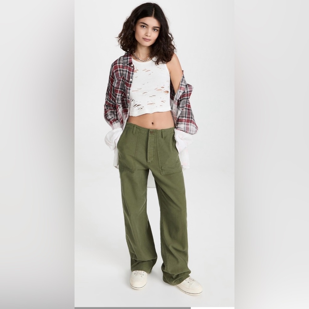 R13 wide leg utility pant olive army green chino button pockets 26